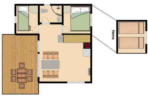 Gut ausgestattete Luxushütten von 25 m2, die über 2 Schlafzimmer, Badezimmer und Dachboden verfügen.